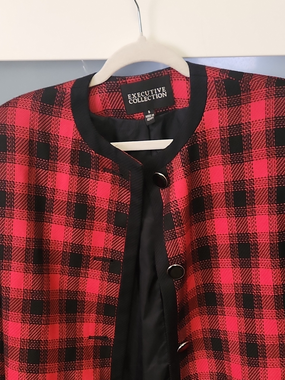 Executive Collection Red & Black Plaid Collarless Blazer
